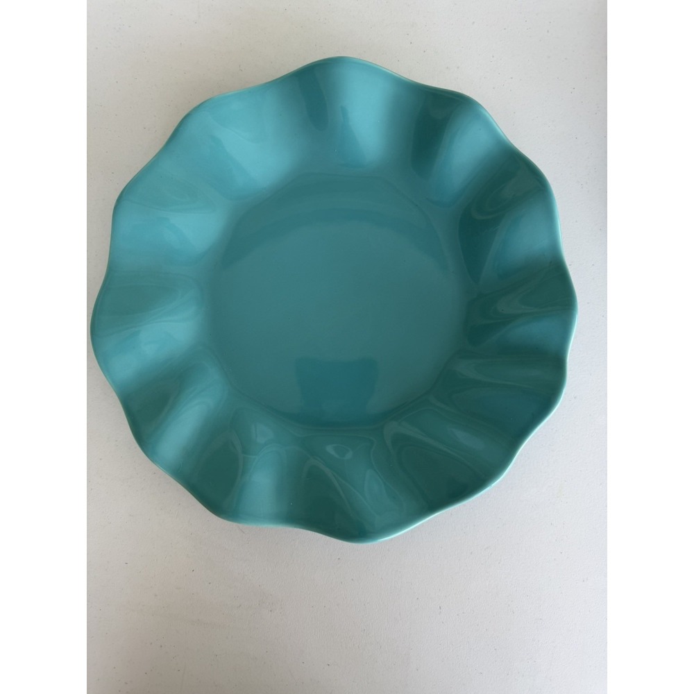 Crate&Barrel Susie B. Eigen 12" Turq Ruffle Dinner Plate Mde in Portugal Set 2 - Picture 3 of 6